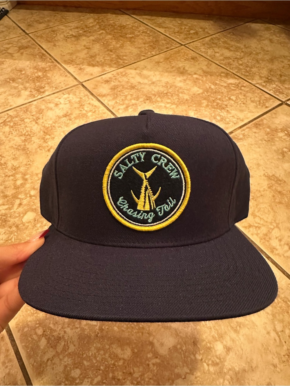Salty Crew Navy Patch Snapback Hat with Yellow Accents